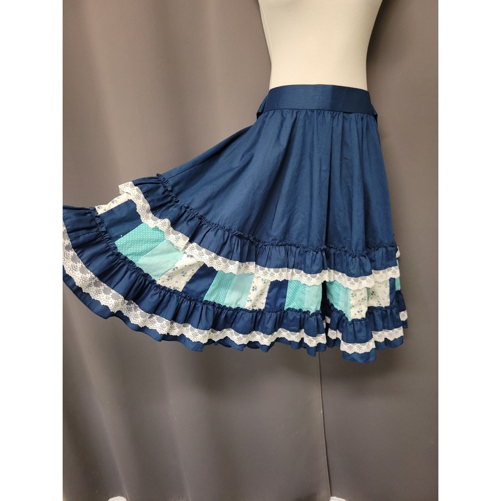 Vintage 70s Square Dance Skirt Navy Blue‎ Lace Patchwork Ruffle Tie Back Large